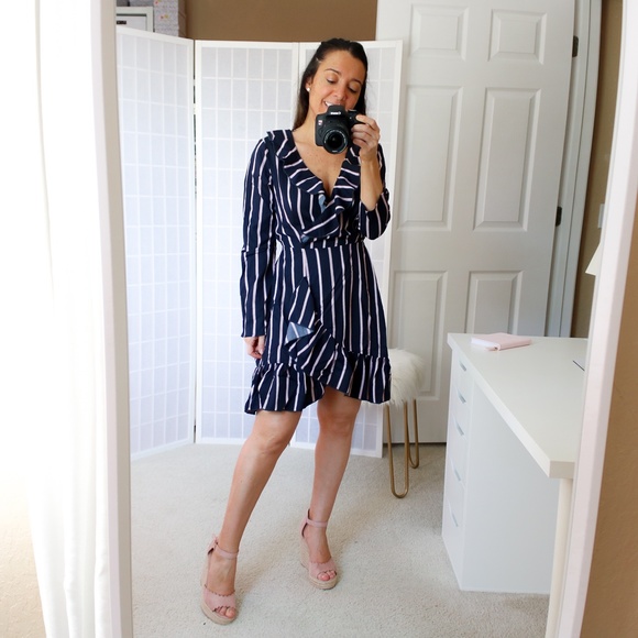 Blue Striped Fit and Flare Ruffle Wrap Dress - Picture 9 of 15